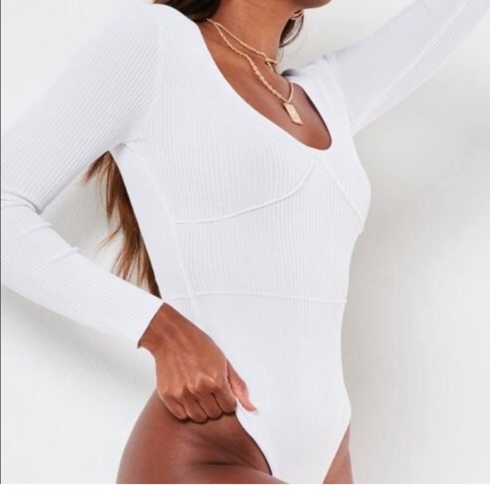 Misguided White Rib Scoop Neck Seam Detail Knit Bodysuit